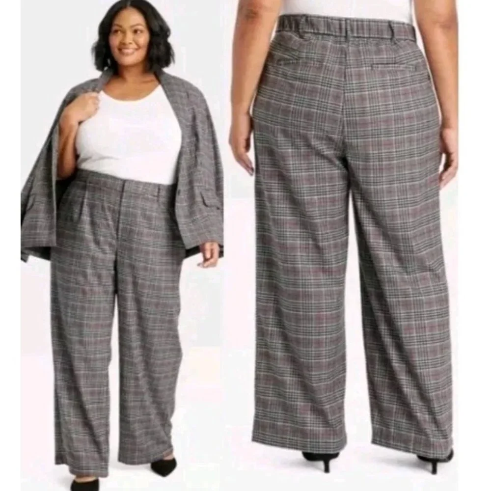 Ava & Viv Women High Rise Wide Leg Trousers Gray Plaid Plus Size 18 Stretch - Picture 2 of 15